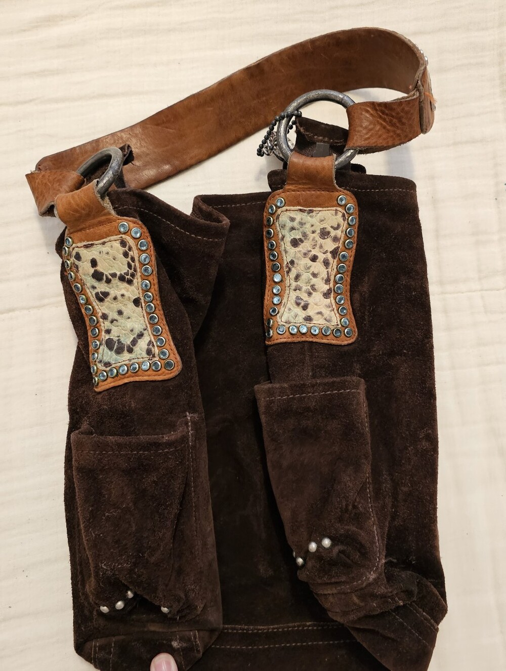 LeatherRock USA Slouchy Brown Suede Shoulder Bag w/ Crystal Handle - Picture 4 of 11